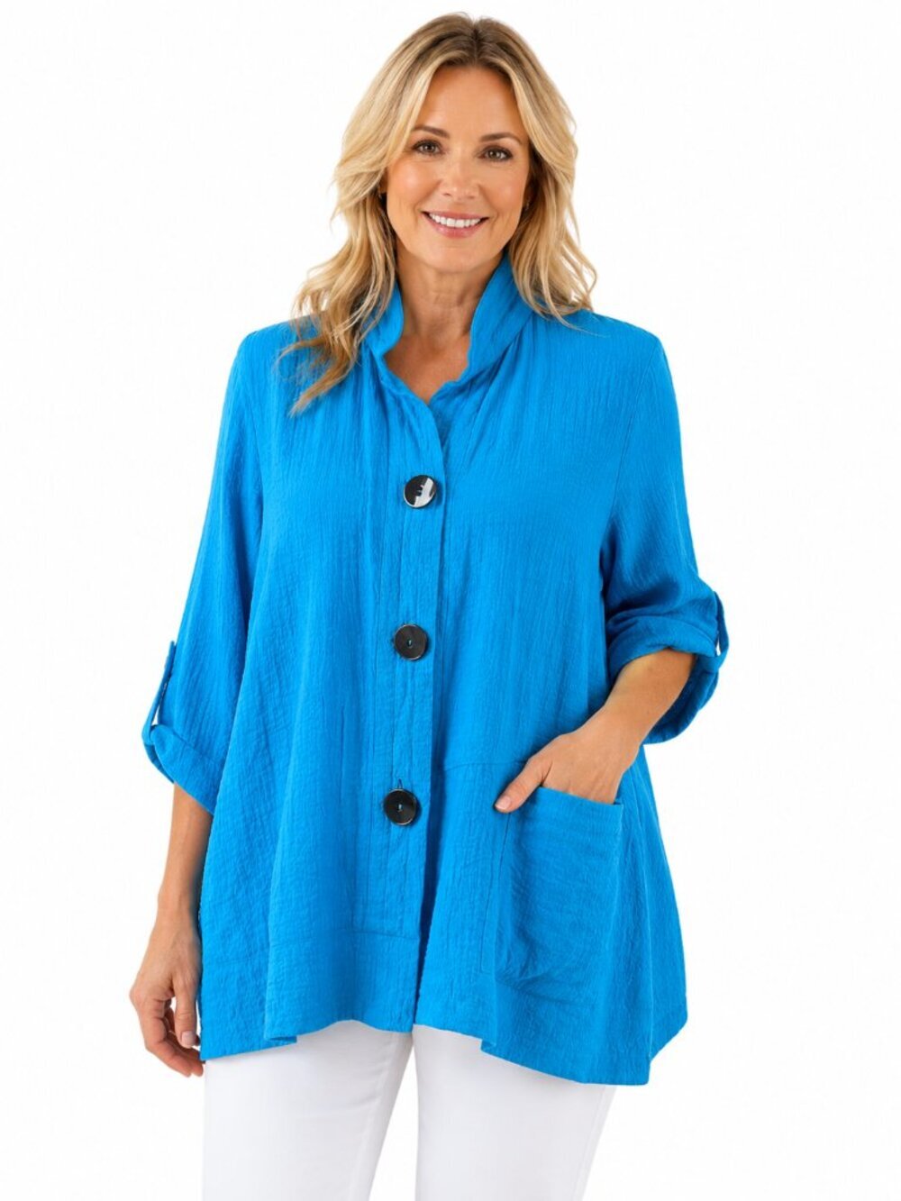 Ali Miles Tunic Size Petite Medium Blue Pocket Textured Button Front 3/4 Sleeve
